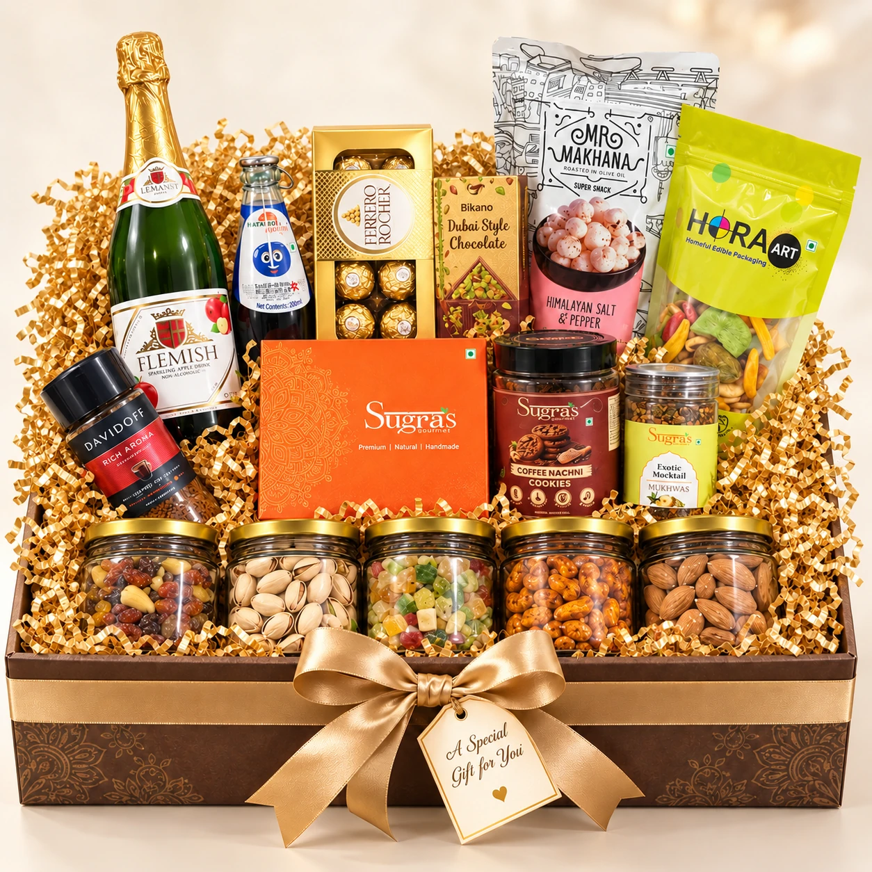 Hamper 01 — Rectangular gift tray with gold ribbon